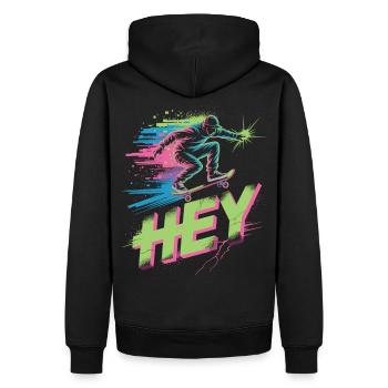 Neon Skater HEY – Retro Streetwear - Männer Premium Bio Hoodie - Schwarz - Hinten - Nico (187cm)