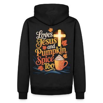 Liebt Jesus und Pumpkin Spice – Herbstshirt - Männer Premium Bio Hoodie - Schwarz - Hinten - Nico (187cm)