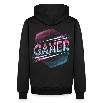 Gamer Shirt mit Neon Stil - Männer Premium Bio Hoodie - Schwarz - Hinten - Nico (187cm)