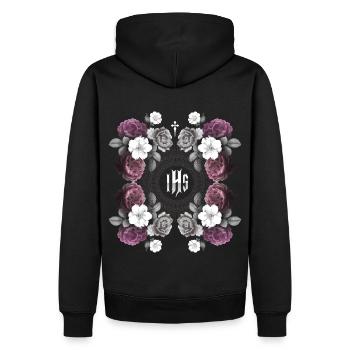 Jesus-Motiv, Jesus Christus IHS mit Vintage-Rosen - Männer Premium Bio Hoodie - Schwarz - Hinten - Nico (187cm)