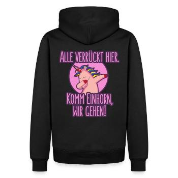 All crazy here. Come unicorn, we go! - Men’s Premium Organic Hoodie - black - Back - Nico (187cm)