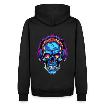 Bunter abstrakter Totenkopf mit Kopfhörer - Männer Premium Bio Hoodie - Schwarz - Hinten - Nico (187cm)