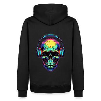 Bunter abstrakter Totenkopf mit Kopfhörer - Männer Premium Bio Hoodie - Schwarz - Hinten - Nico (187cm)