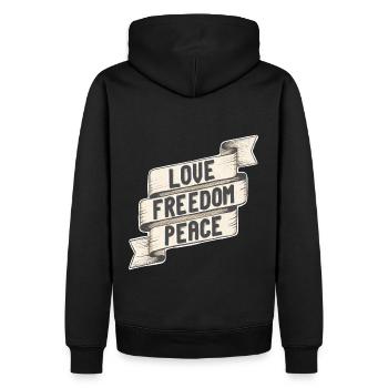 Love Freedom Peace. Liebe Freiheit Ruhe - Männer Premium Bio Hoodie - Schwarz - Hinten - Nico (187cm)