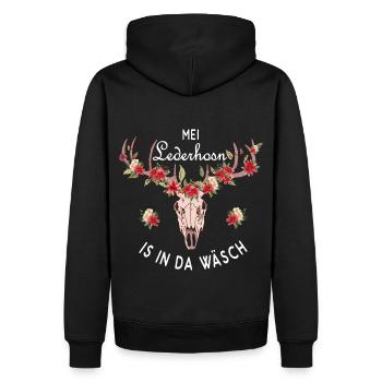 Mei Lederhosn is in da Wäsch Hirschgeweih - Men’s Premium Organic Hoodie - black - Back - Nico (187cm)