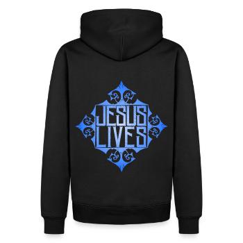 Jesus-Lives, Jesus Christus Spruch, Christlich - Männer Premium Bio Hoodie - Schwarz - Hinten - Nico (187cm)