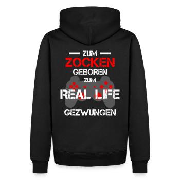 Zum Zocken geboren Spruch Gamer - Männer Premium Bio Hoodie - Schwarz - Hinten - Nico (187cm)