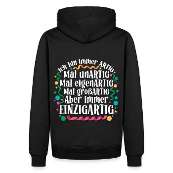 Ich bin immer artig und einzigartig - Männer Premium Bio Hoodie - Schwarz - Hinten - Nico (187cm)