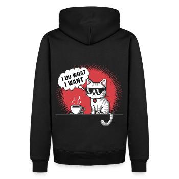 Pixel-Katze mit Kaffeetasse T-Shirt - Männer Premium Bio Hoodie - Schwarz - Hinten - Nico (187cm)