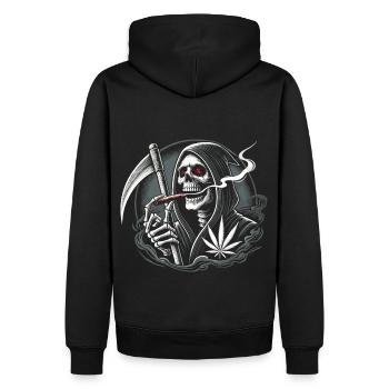 Schwarzer Humor rauchender Sensenmann zu Halloween - Männer Premium Bio Hoodie - Schwarz - Hinten - Nico (187cm)