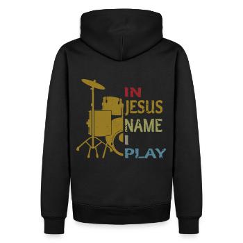 In Jesus Name I Play Drums - Männer Premium Bio Hoodie - Schwarz - Hinten - Nico (187cm)