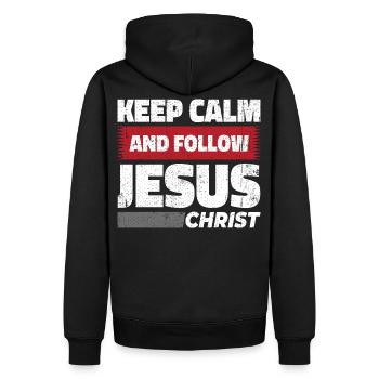 Bleib ruhig und folge Jesus Christus - Christlich - Männer Premium Bio Hoodie - Schwarz - Hinten - Nico (187cm)