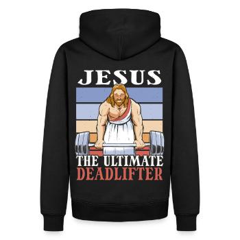 Jesus Der ultimative Kreuzheber - Kreuzheben im Fitnessstudio - Männer Premium Bio Hoodie - Schwarz - Hinten - Nico (187cm)