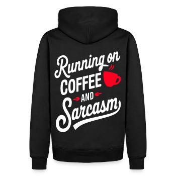 "Running on Coffee and Sarcasm"Retro Coffee Design - Men’s Premium Organic Hoodie - black - Back - Nico (187cm)