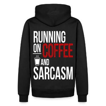 "Running on Coffee and Sarcasm" Modern and Bold - Men’s Premium Organic Hoodie - black - Back - Nico (187cm)