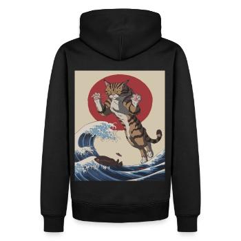 Cat Wave Art – Japanisch inspirierte Illustration - Männer Premium Bio Hoodie - Schwarz - Hinten - Nico (187cm)