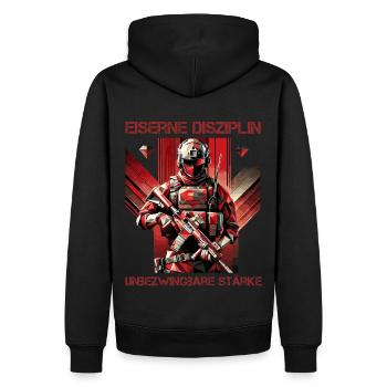 Disziplin & Unbesiegbar - Männer Premium Bio Hoodie - Schwarz - Hinten - Nico (187cm)