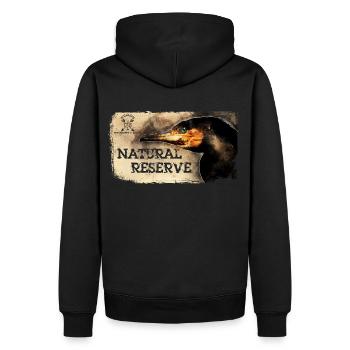 Serie "NATURSCHUTZGEBIET" - Kormoran - Männer Premium Bio Hoodie - Schwarz - Hinten - Nico (187cm)