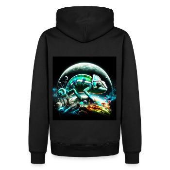Buntes Chamäleon auf surrealem Planeten - Männer Premium Bio Hoodie - Schwarz - Hinten - Nico (187cm)