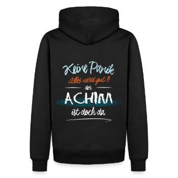 Achim - Keine Panik. Alles wird gut - Männer Premium Bio Hoodie - Schwarz - Hinten - Nico (187cm)