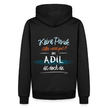 Adil - Keine Panik. Alles wird gut - Männer Premium Bio Hoodie - Schwarz - Hinten - Nico (187cm)