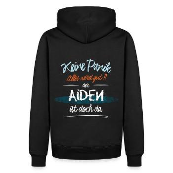 Aiden - Keine Panik. Alles wird gut - Männer Premium Bio Hoodie - Schwarz - Hinten - Nico (187cm)