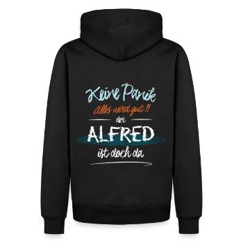 Alfred - Keine Panik. Alles wird gut - Männer Premium Bio Hoodie - Schwarz - Hinten - Nico (187cm)