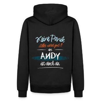 Andy - Keine Panik. Alles wird gut - Männer Premium Bio Hoodie - Schwarz - Hinten - Nico (187cm)