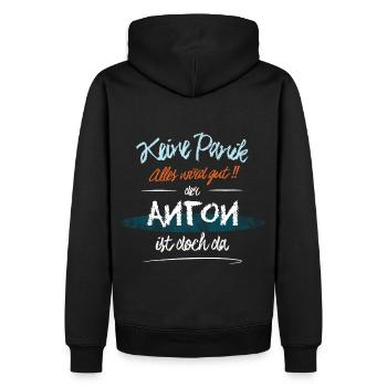 Anton - Keine Panik. Alles wird gut - Männer Premium Bio Hoodie - Schwarz - Hinten - Nico (187cm)