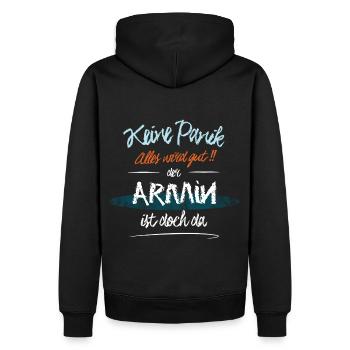 Armin - Keine Panik. Alles wird gut - Männer Premium Bio Hoodie - Schwarz - Hinten - Nico (187cm)