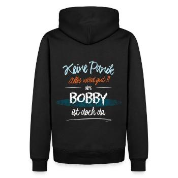 Bobby - Keine Panik. Alles wird gut - Männer Premium Bio Hoodie - Schwarz - Hinten - Nico (187cm)