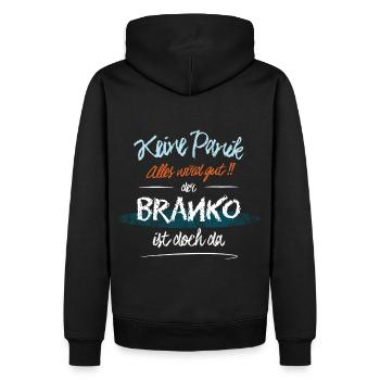 Branko - Keine Panik. Alles wird gut - Männer Premium Bio Hoodie - Schwarz - Hinten - Nico (187cm)
