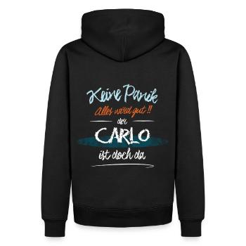 Carlo - Keine Panik. Alles wird gut - Männer Premium Bio Hoodie - Schwarz - Hinten - Nico (187cm)