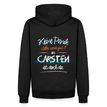 Carsten - Keine Panik. Alles wird gut - Männer Premium Bio Hoodie - Schwarz - Hinten - Nico (187cm)