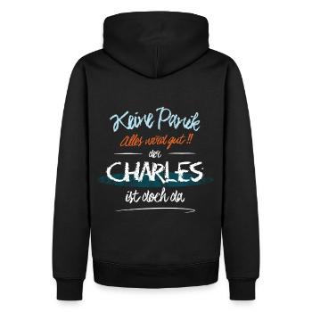 Charles - Keine Panik. Alles wird gut - Männer Premium Bio Hoodie - Schwarz - Hinten - Nico (187cm)