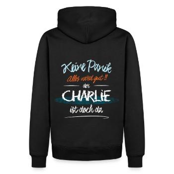 Charlie - Keine Panik. Alles wird gut - Männer Premium Bio Hoodie - Schwarz - Hinten - Nico (187cm)