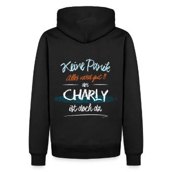 Charly - Keine Panik. Alles wird gut - Männer Premium Bio Hoodie - Schwarz - Hinten - Nico (187cm)