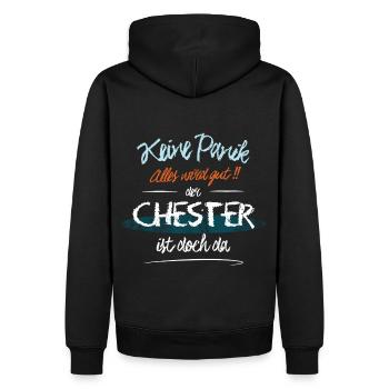 Chester - Keine Panik. Alles wird gut - Männer Premium Bio Hoodie - Schwarz - Hinten - Nico (187cm)