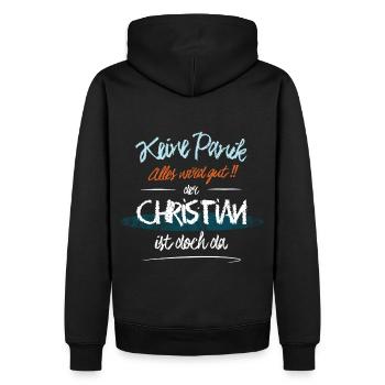 Christian - Keine Panik. Alles wird gut - Männer Premium Bio Hoodie - Schwarz - Hinten - Nico (187cm)