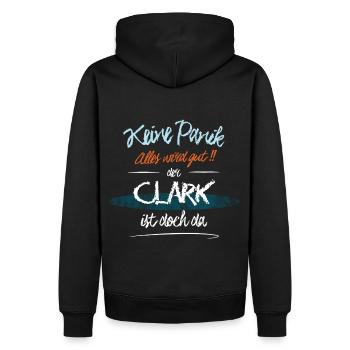 Clark - Keine Panik. Alles wird gut - Männer Premium Bio Hoodie - Schwarz - Hinten - Nico (187cm)