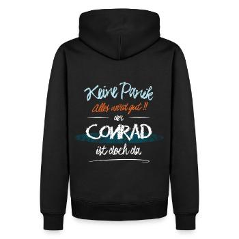 Conrad - Keine Panik. Alles wird gut - Männer Premium Bio Hoodie - Schwarz - Hinten - Nico (187cm)