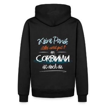 Corbinian - Keine Panik. Alles wird gut - Männer Premium Bio Hoodie - Schwarz - Hinten - Nico (187cm)