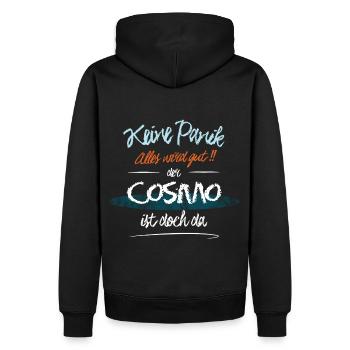 Cosmo - Keine Panik. Alles wird gut - Männer Premium Bio Hoodie - Schwarz - Hinten - Nico (187cm)