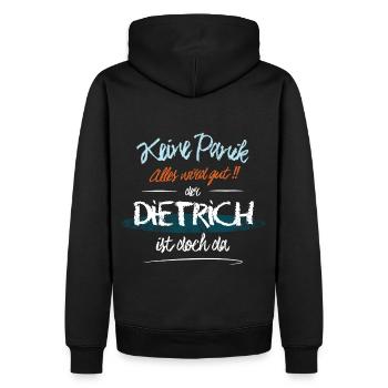 Dietrich - Keine Panik. Alles wird gut - Männer Premium Bio Hoodie - Schwarz - Hinten - Nico (187cm)