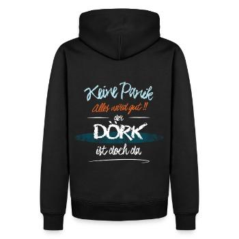 Dörk - Keine Panik. Alles wird gut - Männer Premium Bio Hoodie - Schwarz - Hinten - Nico (187cm)