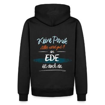 Ede - Keine Panik. Alles wird gut - Männer Premium Bio Hoodie - Schwarz - Hinten - Nico (187cm)