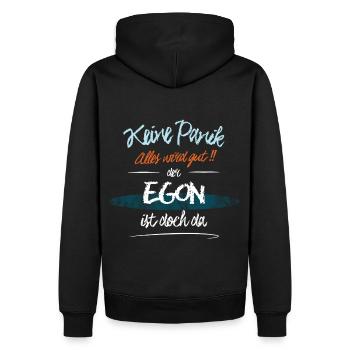 Egon - Keine Panik. Alles wird gut - Männer Premium Bio Hoodie - Schwarz - Hinten - Nico (187cm)
