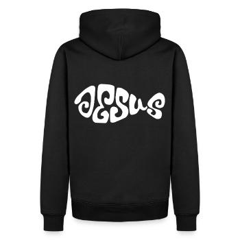 Jesus Fisch Design. - Männer Premium Bio Hoodie - Schwarz - Hinten - Nico (187cm)