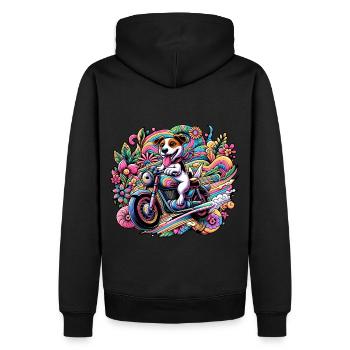 Biker-Welpe: Auf Tour durchs Blumenland - Männer Premium Bio Hoodie - Schwarz - Hinten - Nico (187cm)