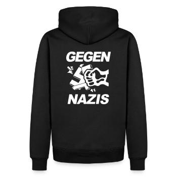 Gegen Nazis, Gegen Rechts Faust. FCK NZS - Männer Premium Bio Hoodie - Schwarz - Hinten - Nico (187cm)